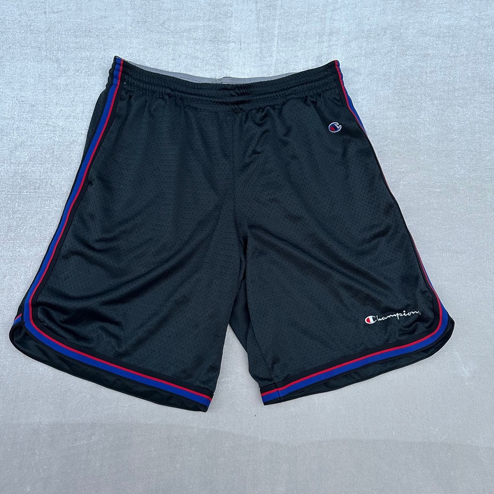 Y2K Champion Basketball Shorts Mens Medium Black Mesh Red Blue Stripe Athletic